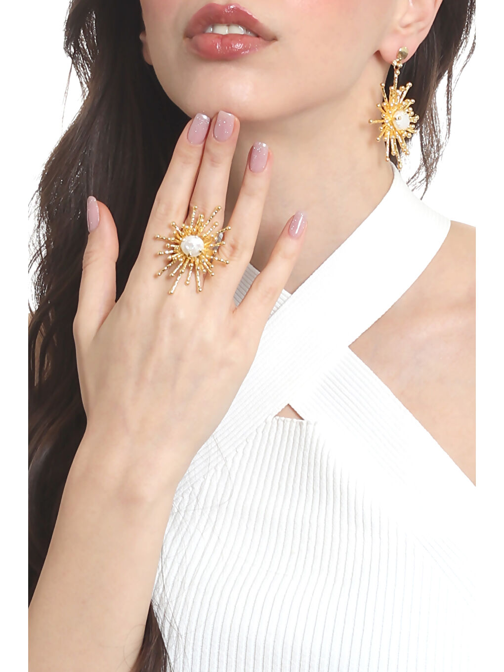 Sarı Kadın Altın Renk Kaplama İnci Detaylı Büyük Güneş Yüzük& Küpe Seti-3