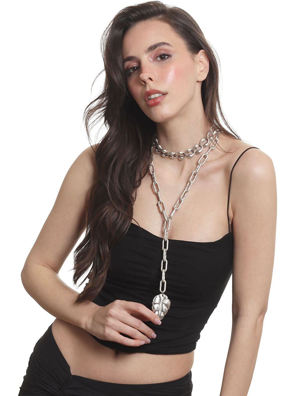 Gri Kadın Antik Gümüş Kaplama 2' li Yaprak Uçlu Tasarım Kolye& Choker-6