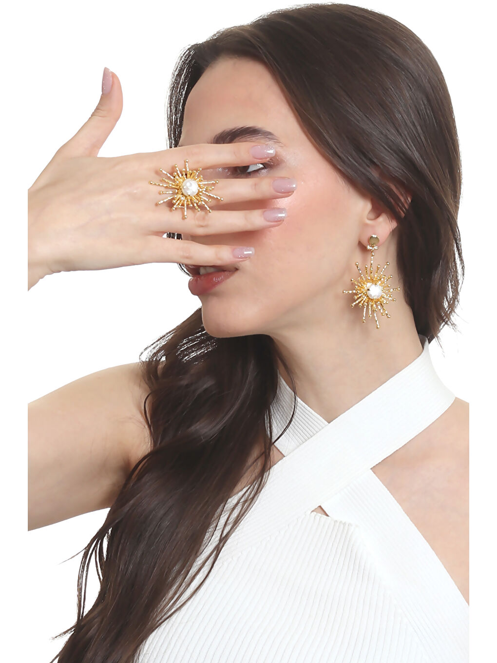 Sarı Kadın Altın Renk Kaplama İnci Detaylı Büyük Güneş Yüzük& Küpe Seti-4