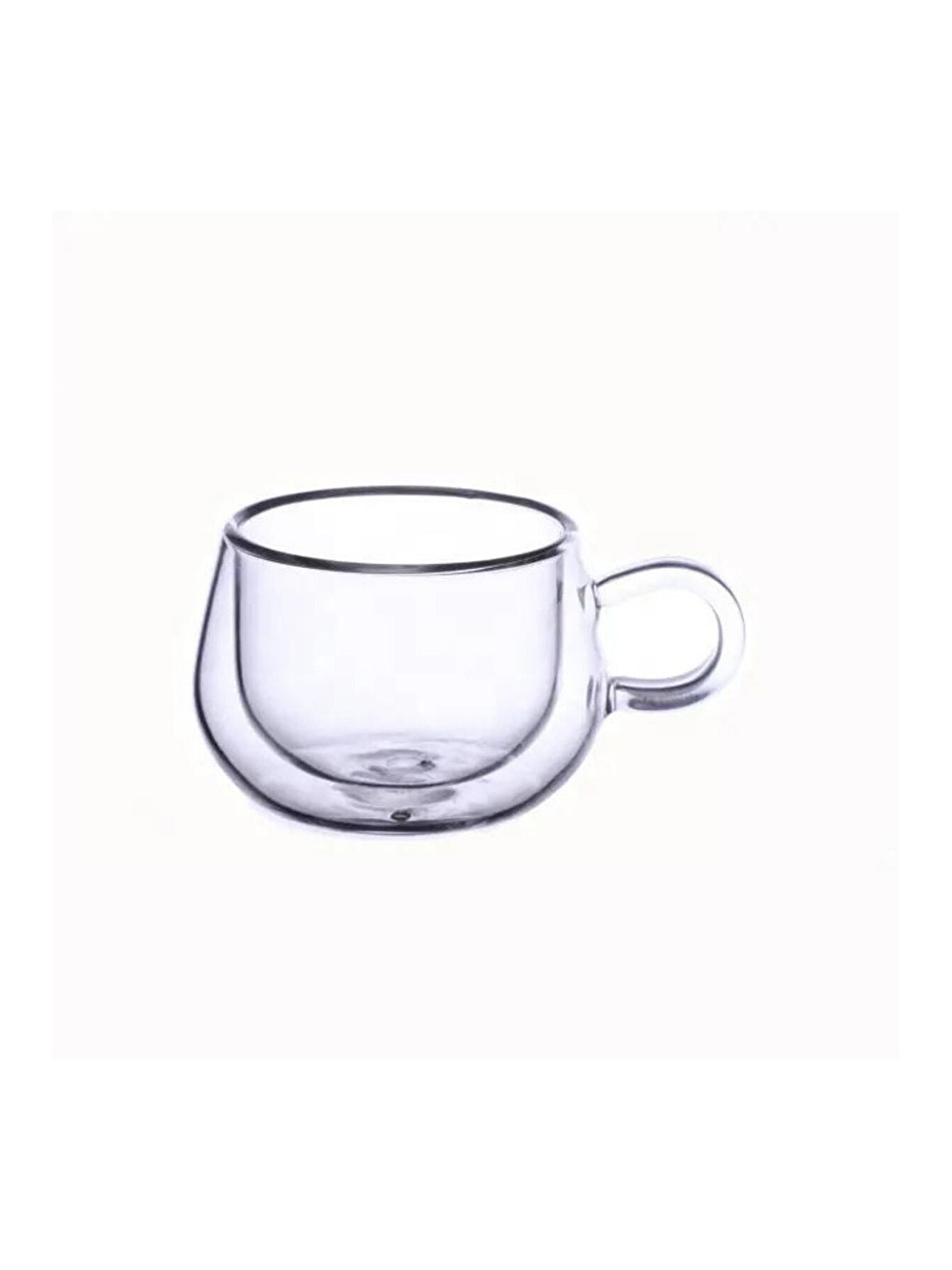 Renksiz Çift Cidarlı 200 ml Kulplu Cam Bardak Çay Neskafe Fincanı  6 Adet 2673-2