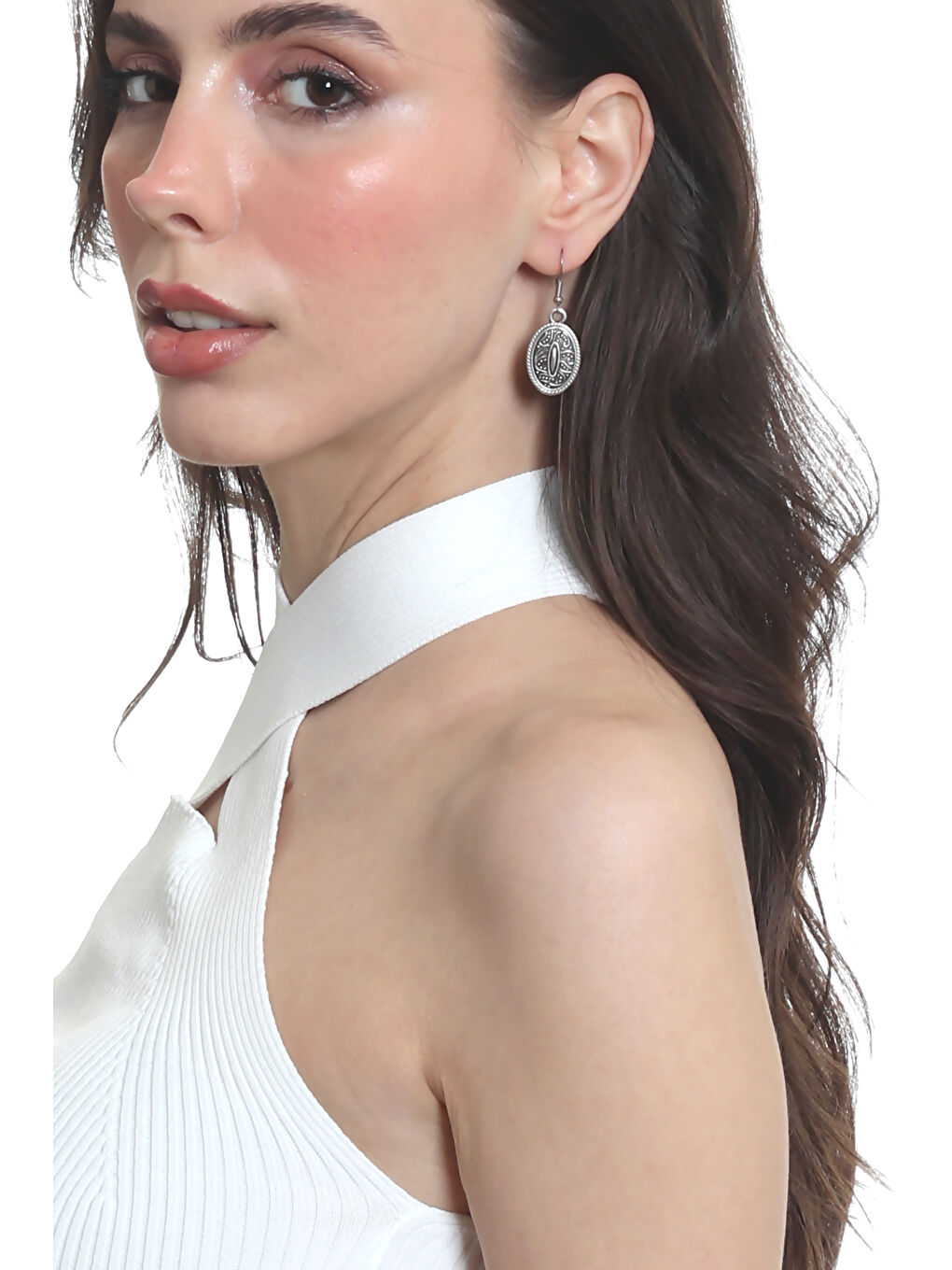 Karışık Kadın Antik Gümüş Kaplama Oval Formlu Sallantılı Model Minimalist Küpe-4