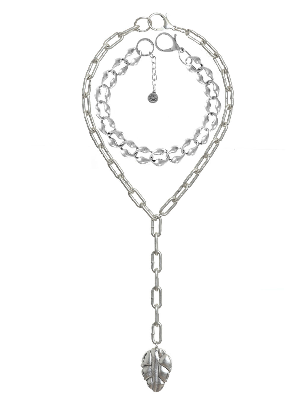 Gri Kadın Antik Gümüş Kaplama 2' li Yaprak Uçlu Tasarım Kolye& Choker