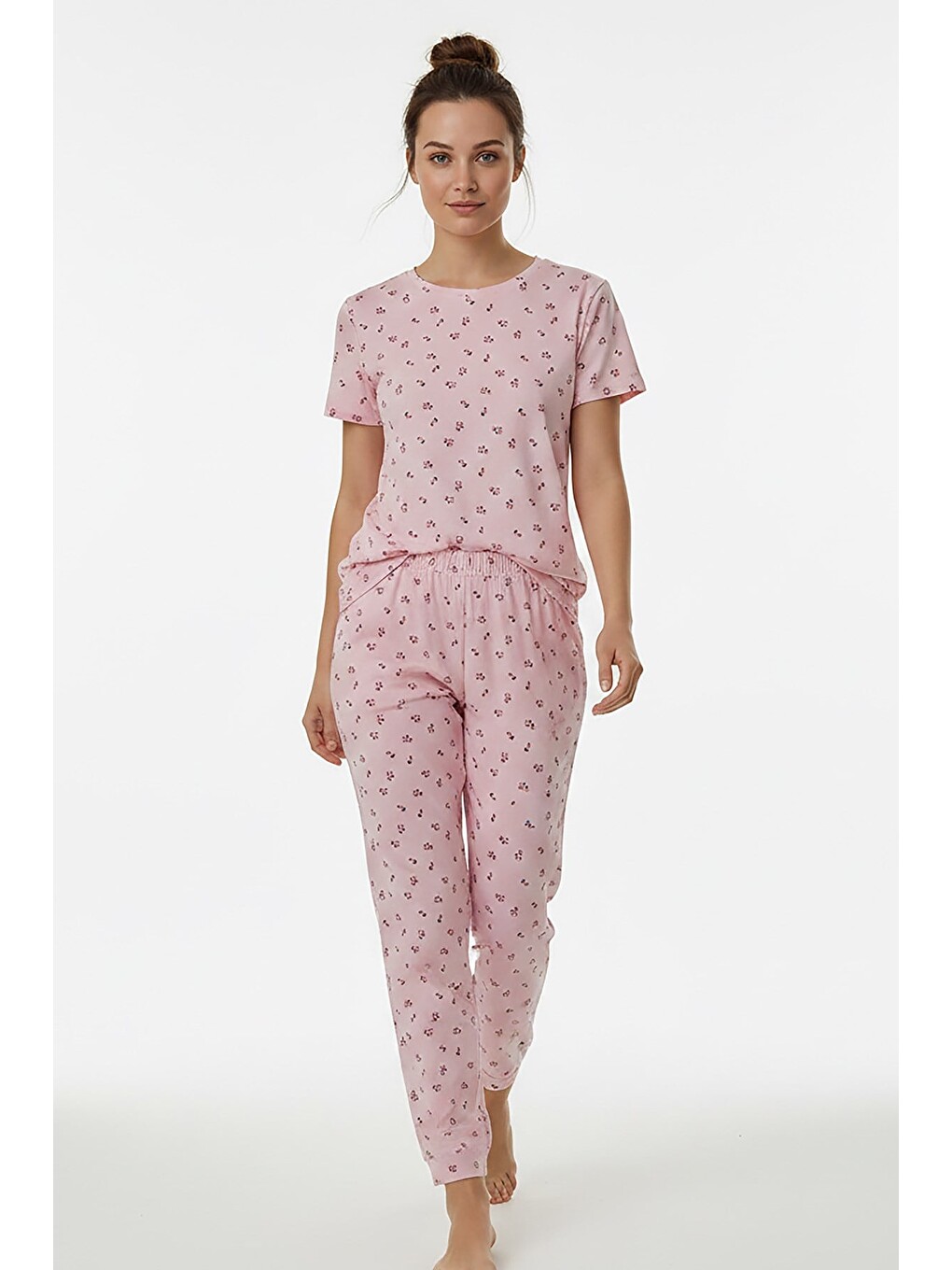 Kadın Bisiklet Yaka Yumuşak Dokulu Çiçek Desenli Kısa Kol Pijama Takım | Pembe 70132-267