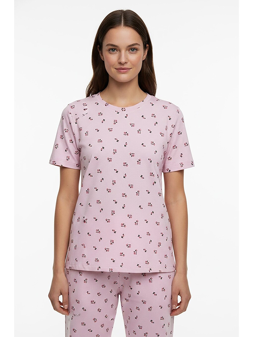 Kadın Bisiklet Yaka Yumuşak Dokulu Çiçek Desenli Kısa Kol Pijama Takım | Pembe 70132-267-1