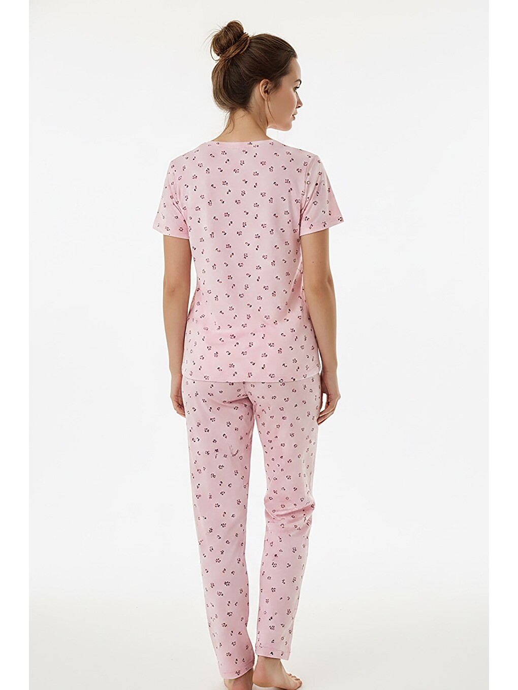 Kadın Bisiklet Yaka Yumuşak Dokulu Çiçek Desenli Kısa Kol Pijama Takım | Pembe 70132-267-2