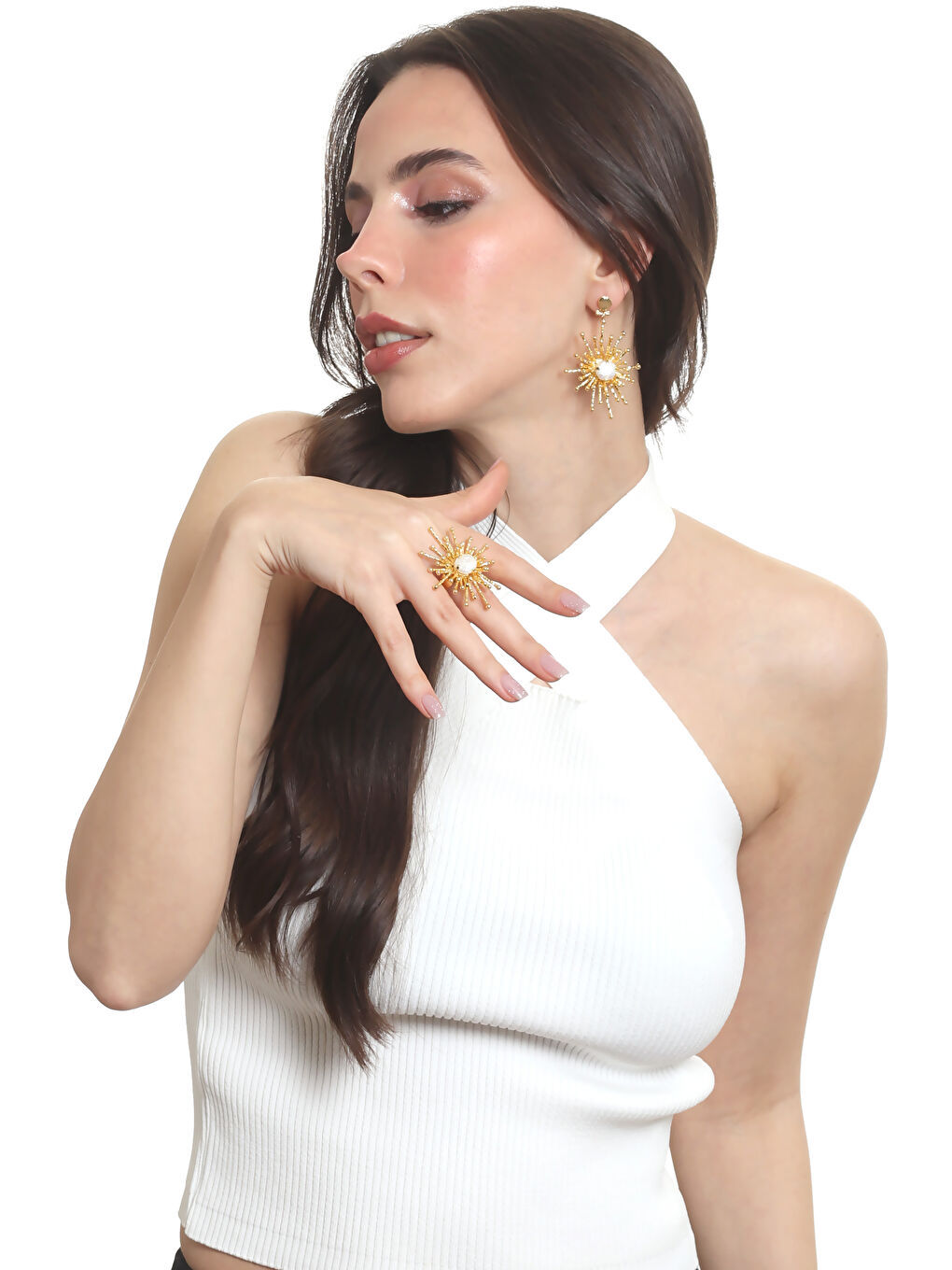 Sarı Kadın Altın Renk Kaplama İnci Detaylı Büyük Güneş Yüzük& Küpe Seti-5