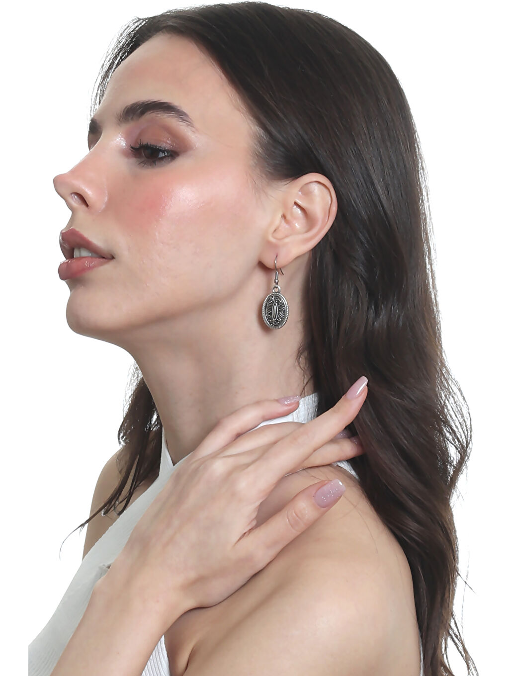 Karışık Kadın Antik Gümüş Kaplama Oval Formlu Sallantılı Model Minimalist Küpe-5
