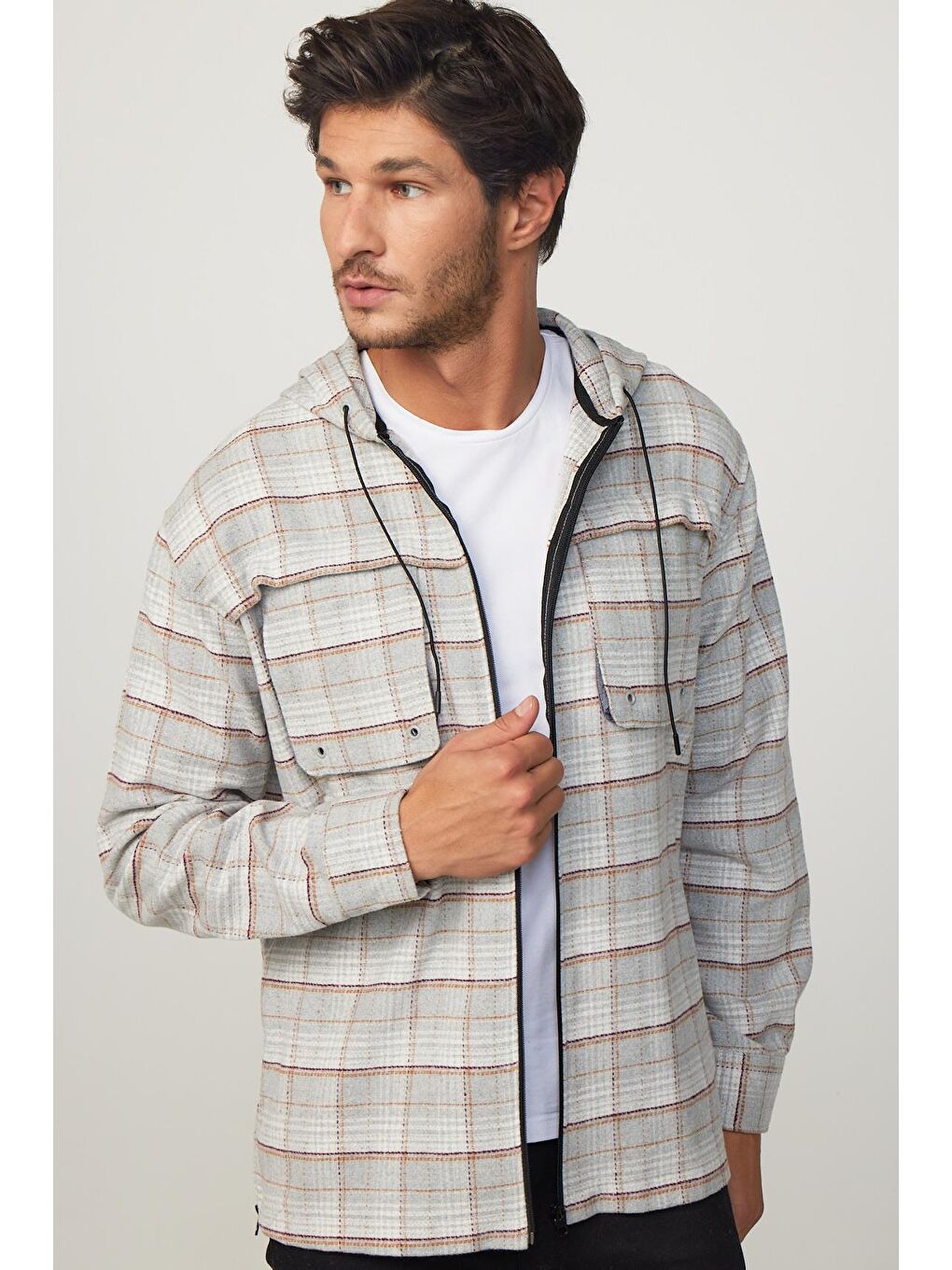 Karışık Relax Fit Fermuarlı Kapüşonlu Çift Cep Kareli Oduncu Erkek Gömlek