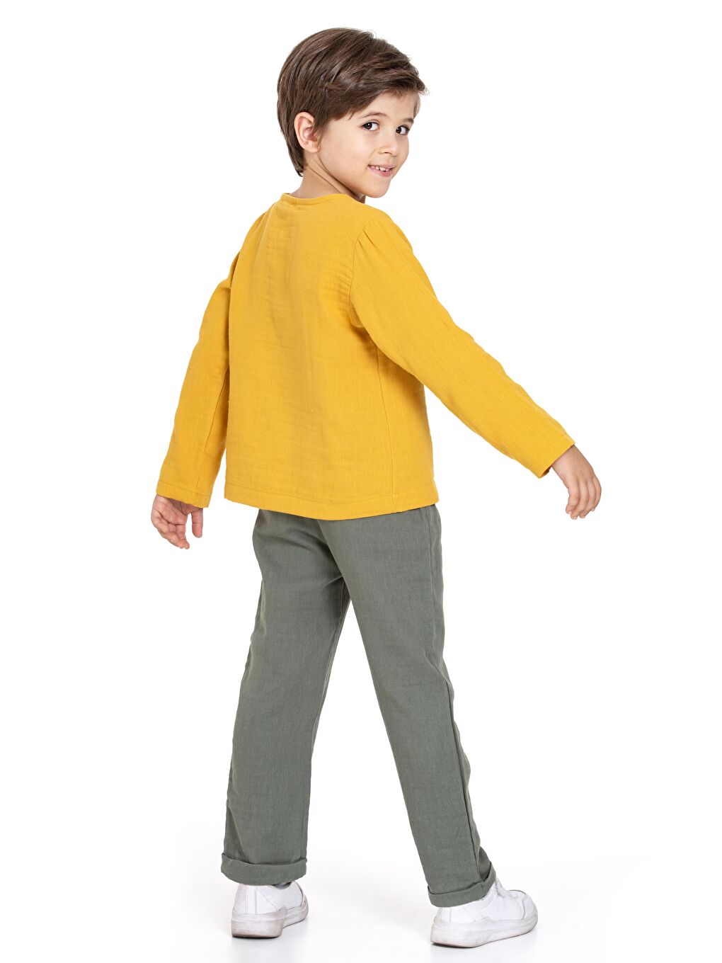 Ekru Gömlekli Hardal Haki Renk Erkek Çocuk Pantolon Takım-2
