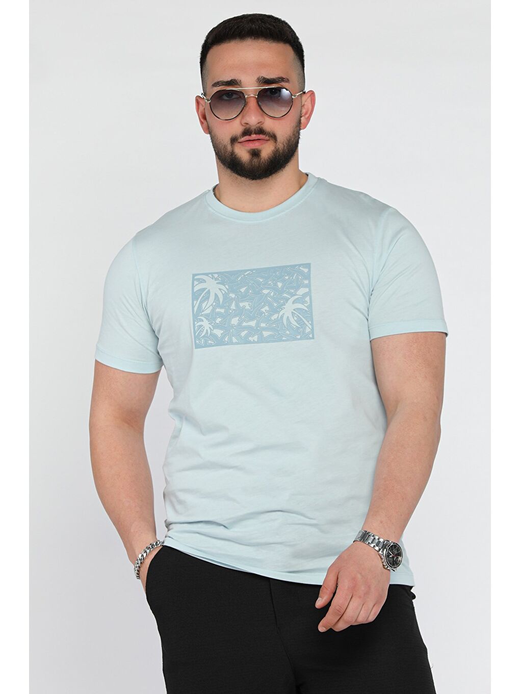 Mavi Erkek Bisiklet Yaka Baskılı Tişört