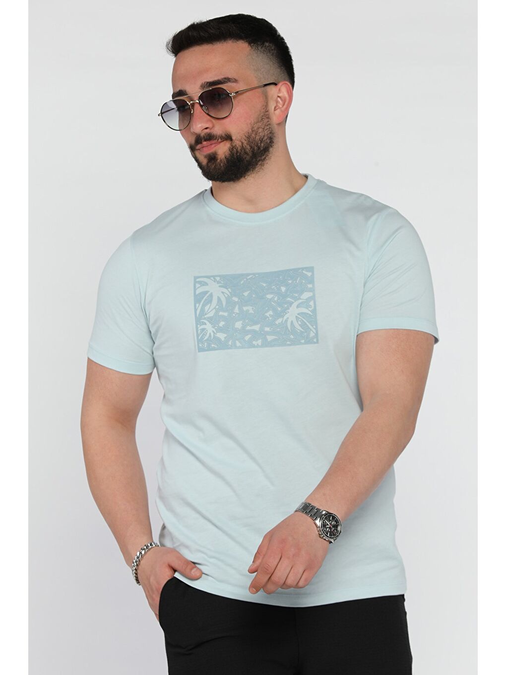 Mavi Erkek Bisiklet Yaka Baskılı Tişört-1