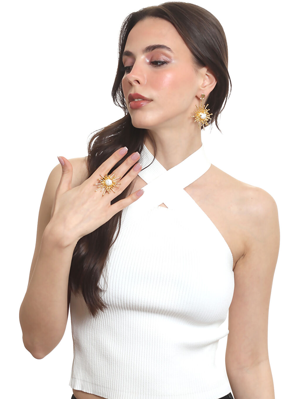 Sarı Kadın Altın Renk Kaplama İnci Detaylı Büyük Güneş Yüzük& Küpe Seti-6