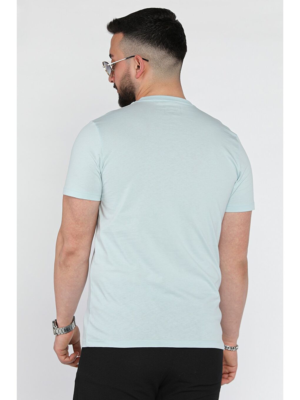 Mavi Erkek Bisiklet Yaka Baskılı Tişört-2
