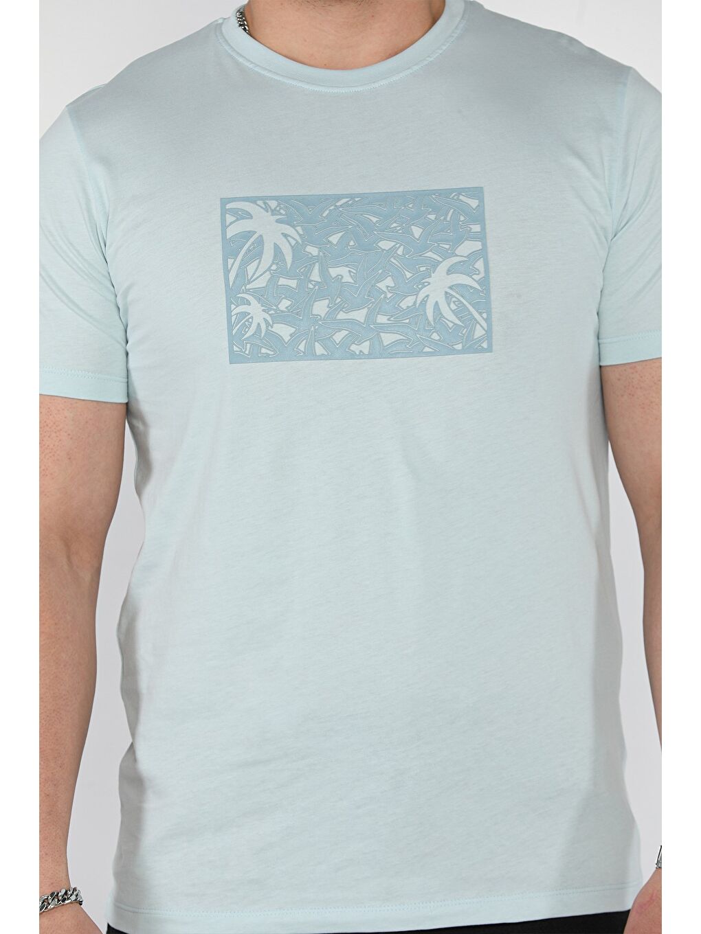 Mavi Erkek Bisiklet Yaka Baskılı Tişört-3