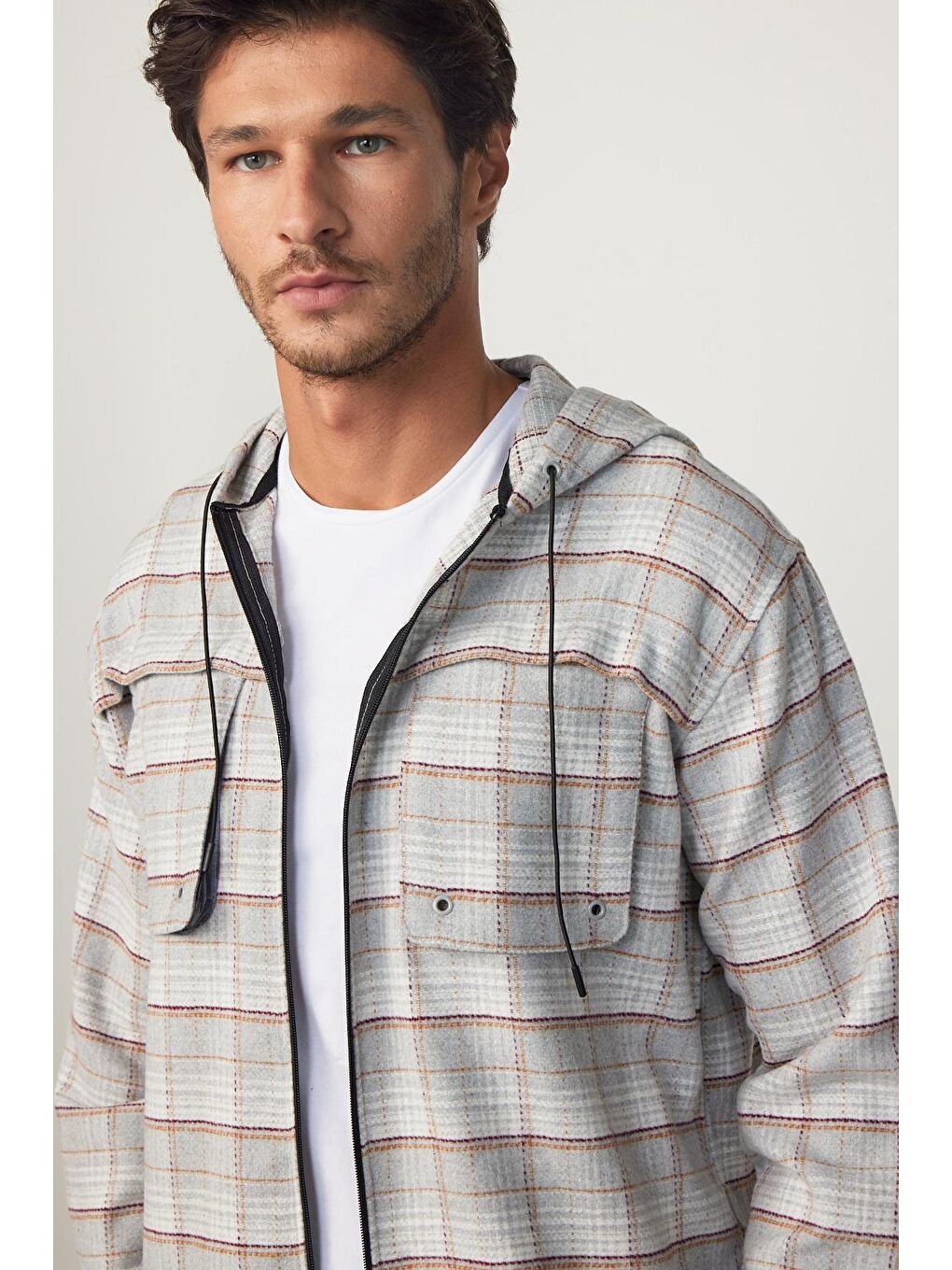 Karışık Relax Fit Fermuarlı Kapüşonlu Çift Cep Kareli Oduncu Erkek Gömlek-1