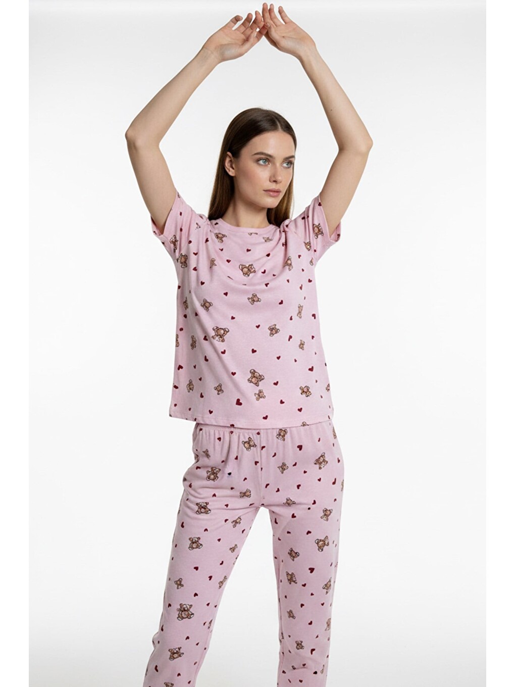Kadın Bisiklet Yaka Yumuşak Dokulu Ayıcık Desenli Kısa Kol Pijama Takım | Pembe 70132-4603-1