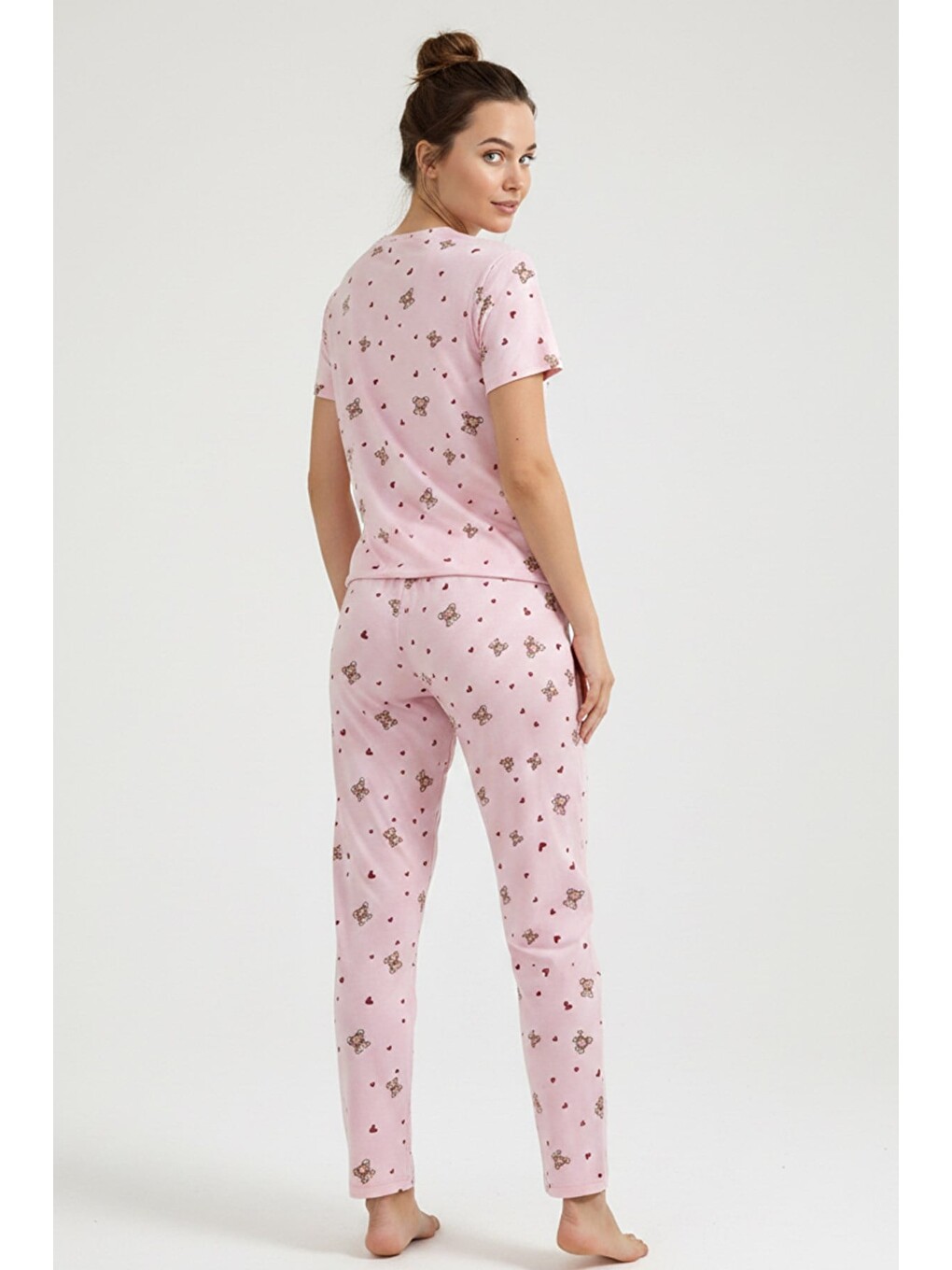 Kadın Bisiklet Yaka Yumuşak Dokulu Ayıcık Desenli Kısa Kol Pijama Takım | Pembe 70132-4603-2