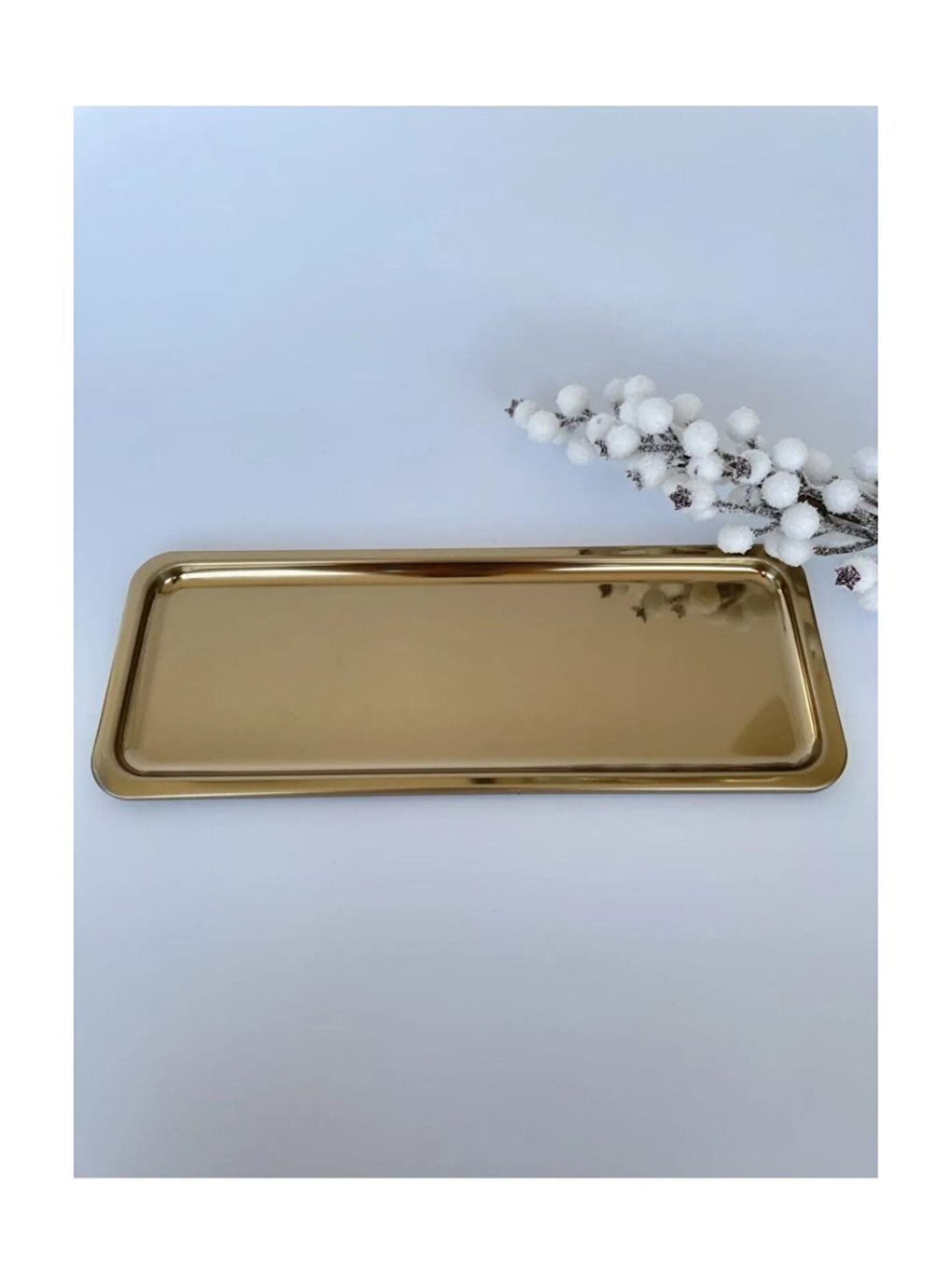 Sarı Paslanmaz Çelik Gold Renk Dikdörtgen Dar Metal Düz Sunum Tepsisi  2 Adet-3