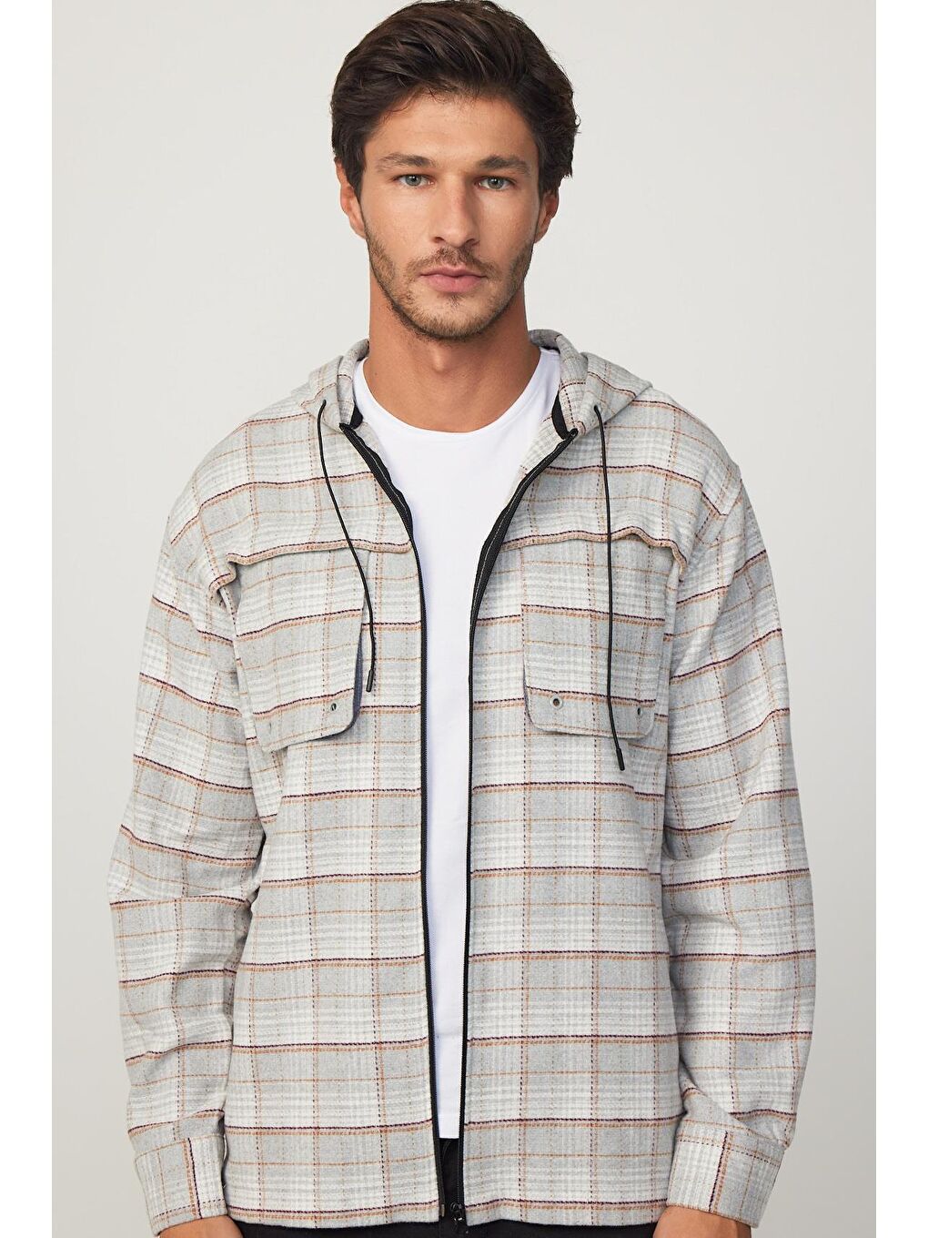 Karışık Relax Fit Fermuarlı Kapüşonlu Çift Cep Kareli Oduncu Erkek Gömlek-2