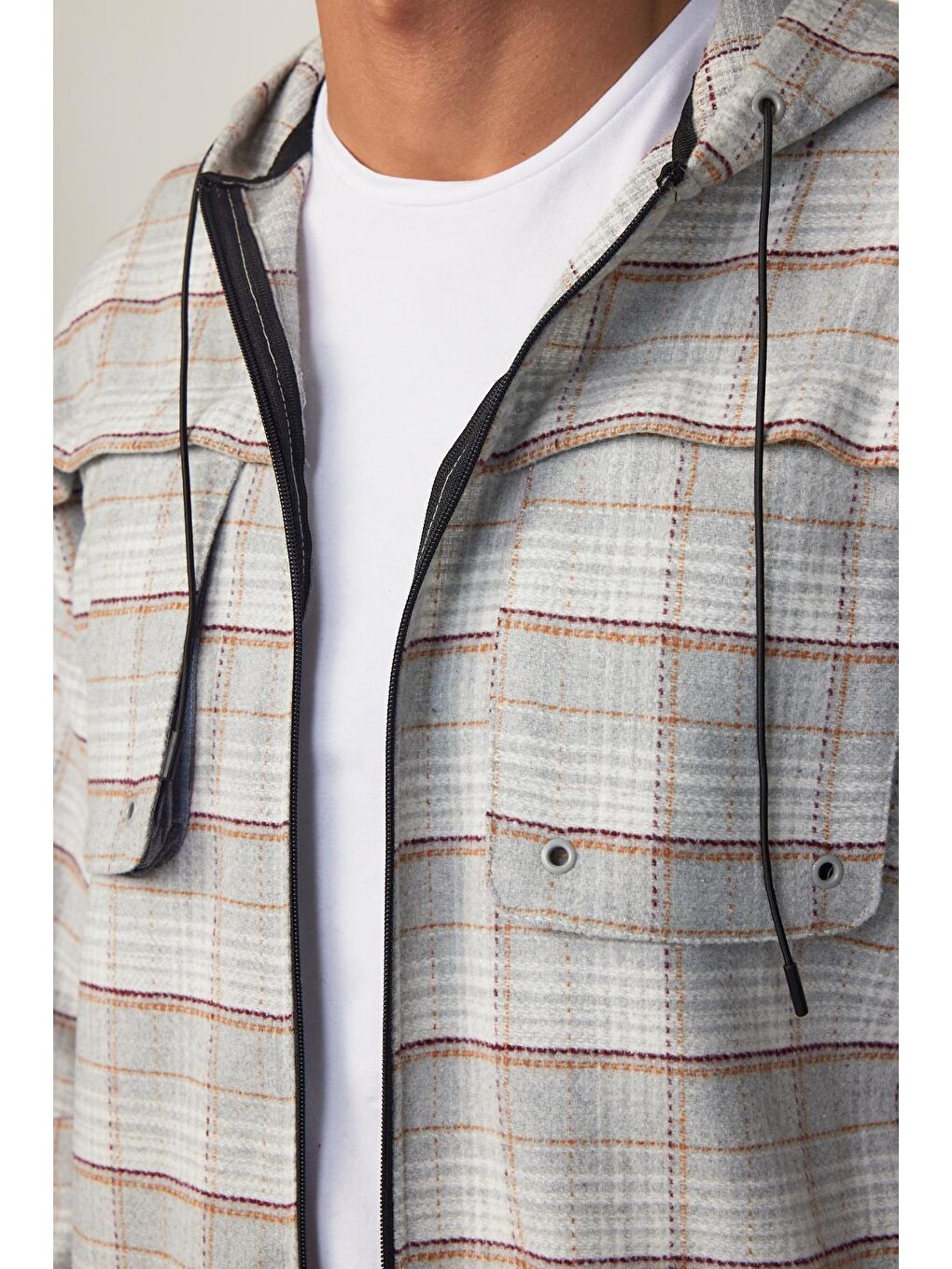 Karışık Relax Fit Fermuarlı Kapüşonlu Çift Cep Kareli Oduncu Erkek Gömlek-3