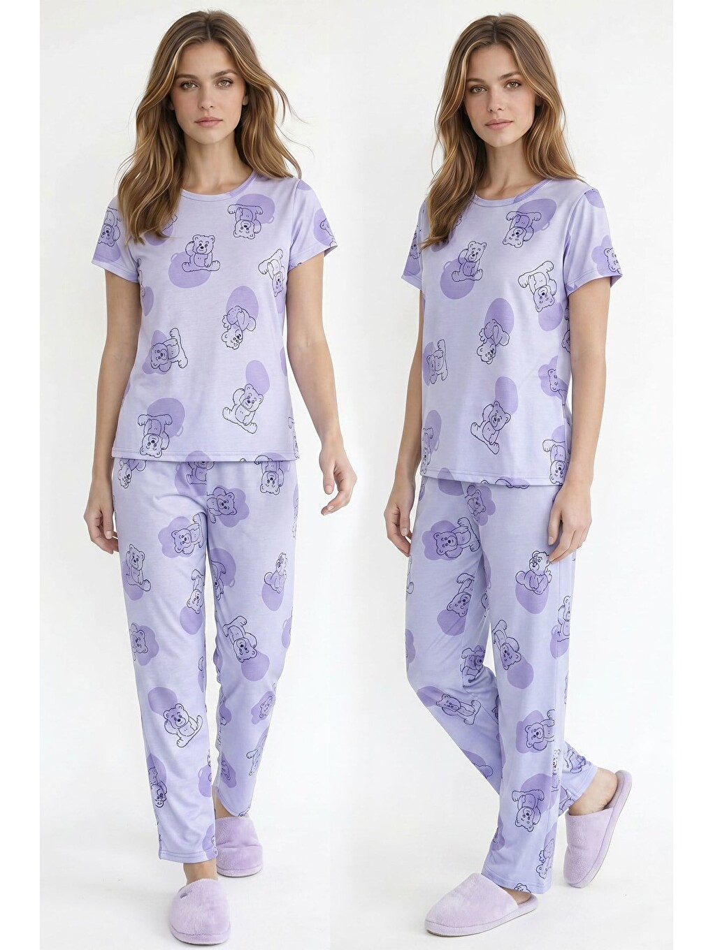 Kadın Bisiklet Yaka Yumuşak Dokulu Büyük Ayıcık Desenli Kısa Kol Pijama Takım | Lila 70132-4663