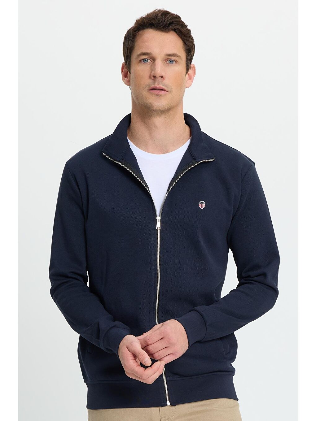 Erkek Slim Fit Dar Kesim Pamuklu Tam Fermuarlı Çift Cepli Dik Yaka Lacivert Sweatshirt Hırka