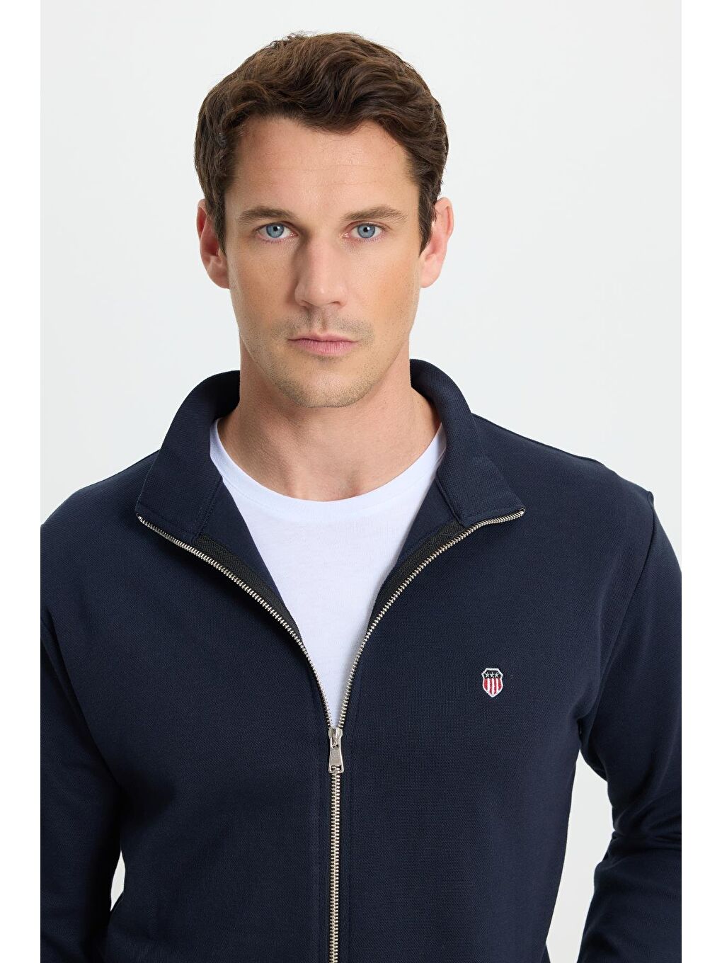 Erkek Slim Fit Dar Kesim Pamuklu Tam Fermuarlı Çift Cepli Dik Yaka Lacivert Sweatshirt Hırka-1
