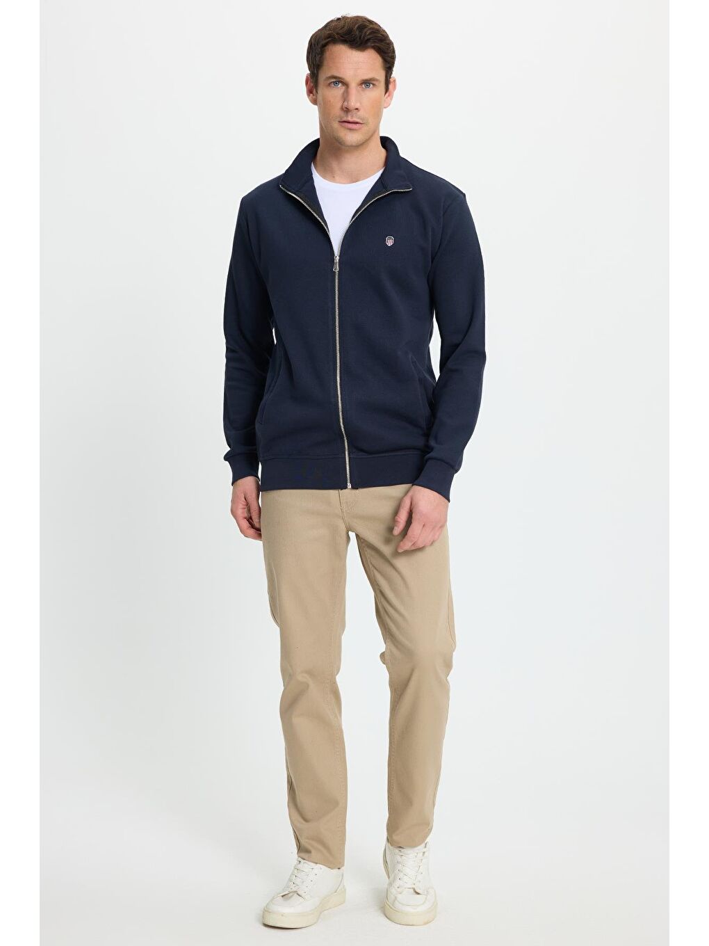 Erkek Slim Fit Dar Kesim Pamuklu Tam Fermuarlı Çift Cepli Dik Yaka Lacivert Sweatshirt Hırka-3