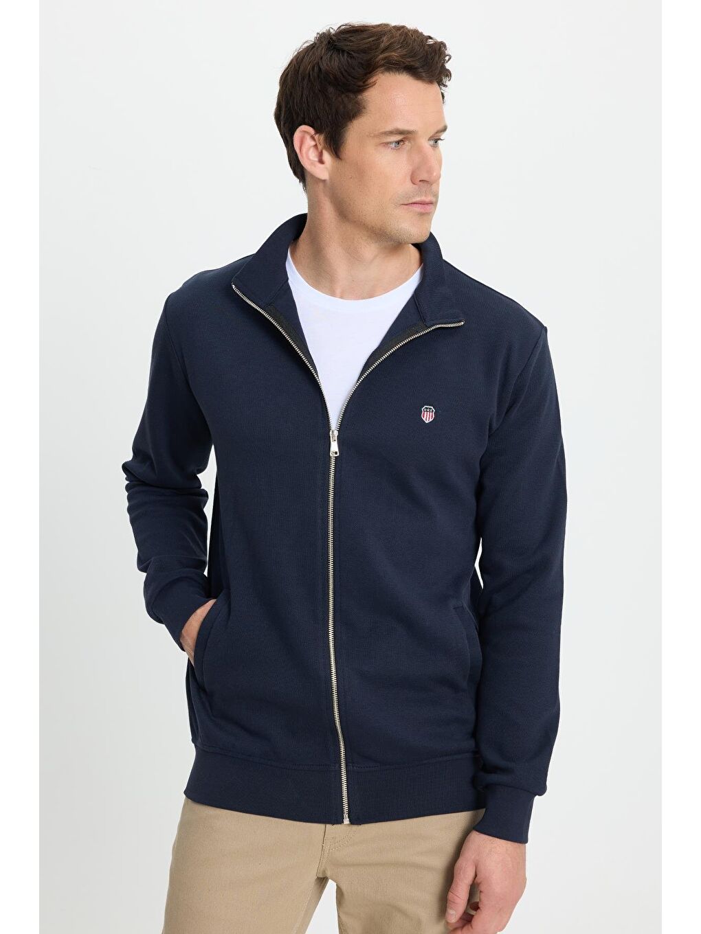 Erkek Slim Fit Dar Kesim Pamuklu Tam Fermuarlı Çift Cepli Dik Yaka Lacivert Sweatshirt Hırka-4