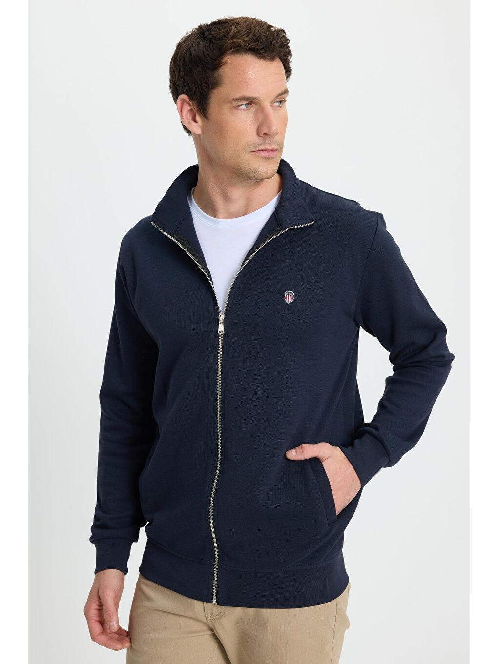 Erkek Slim Fit Dar Kesim Pamuklu Tam Fermuarlı Çift Cepli Dik Yaka Lacivert Sweatshirt Hırka-5