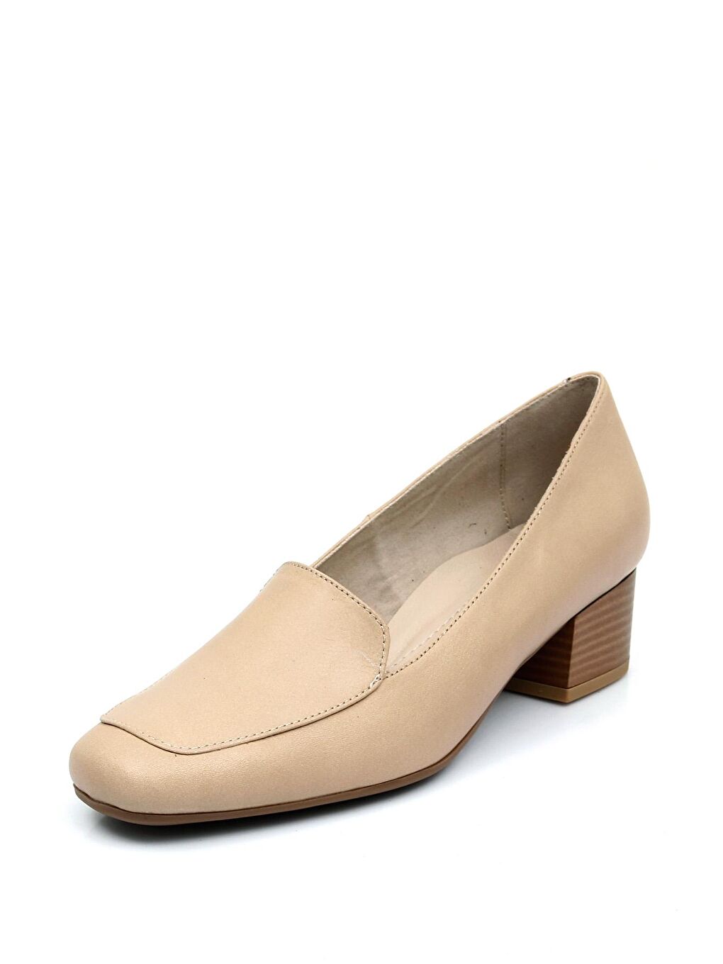 Bej NUDE  Hakiki Deri Küt Burun Kısa Kalın Topuklu Kadın Ayakkabı 13312-7