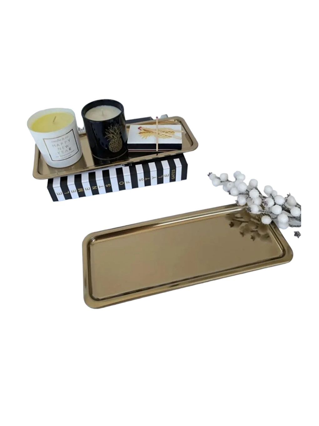 Sarı Paslanmaz Çelik Gold Renk Dikdörtgen Dar Metal Düz Sunum Tepsisi Çay Kahve Tatlı Sunum 6 Adet-2