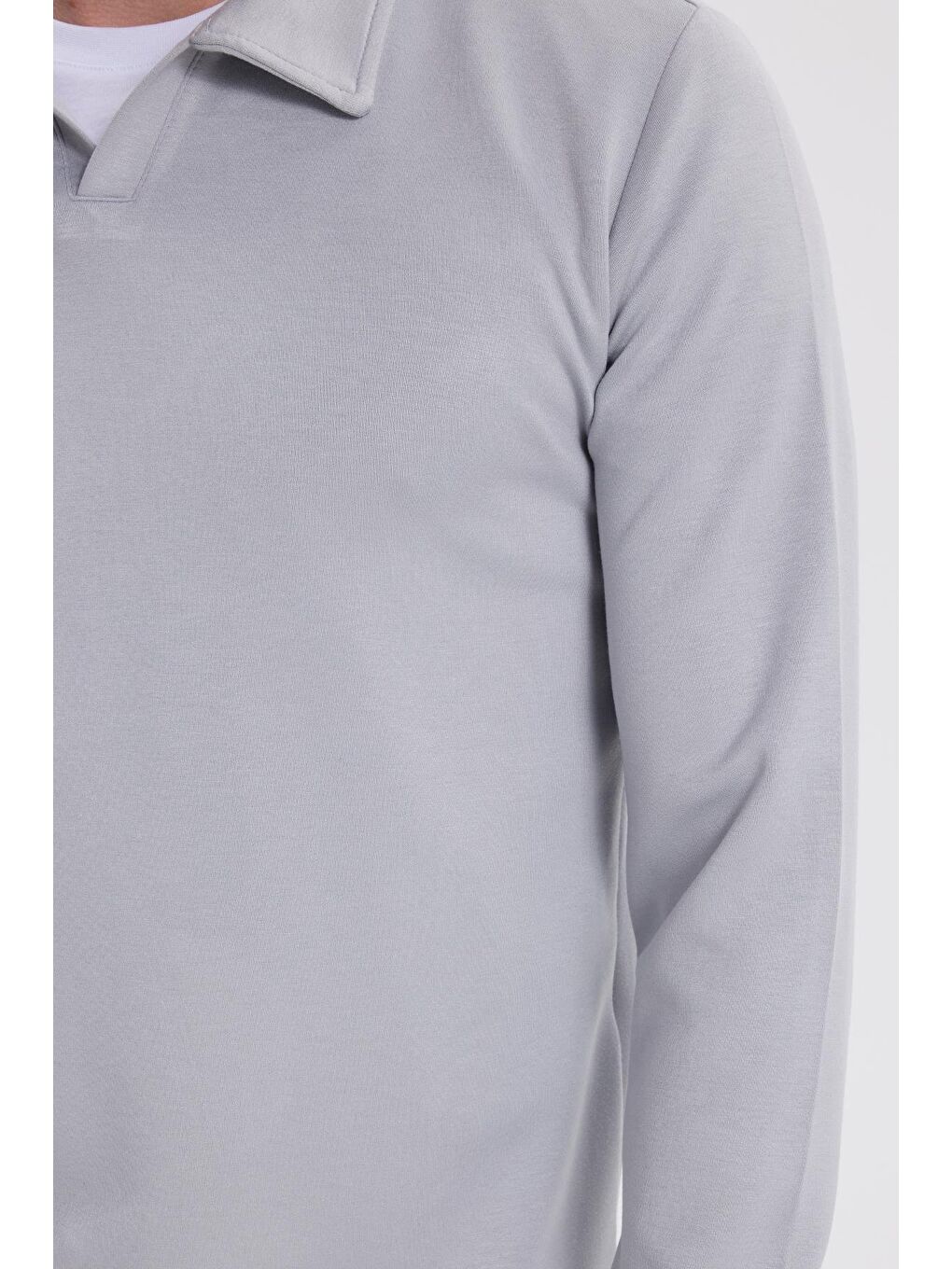 Erkek Relax Fit Rahat Kesim Polo V Yaka Gri Sweatshirt-2