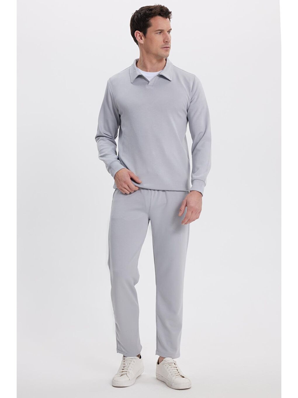 Erkek Relax Fit Rahat Kesim Polo V Yaka Gri Sweatshirt-3