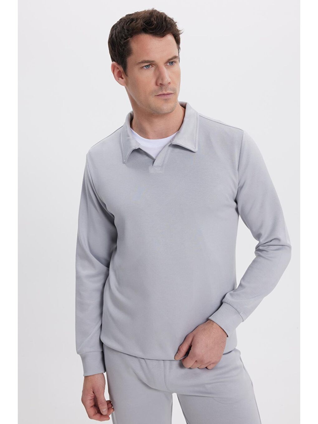 Erkek Relax Fit Rahat Kesim Polo V Yaka Gri Sweatshirt-4