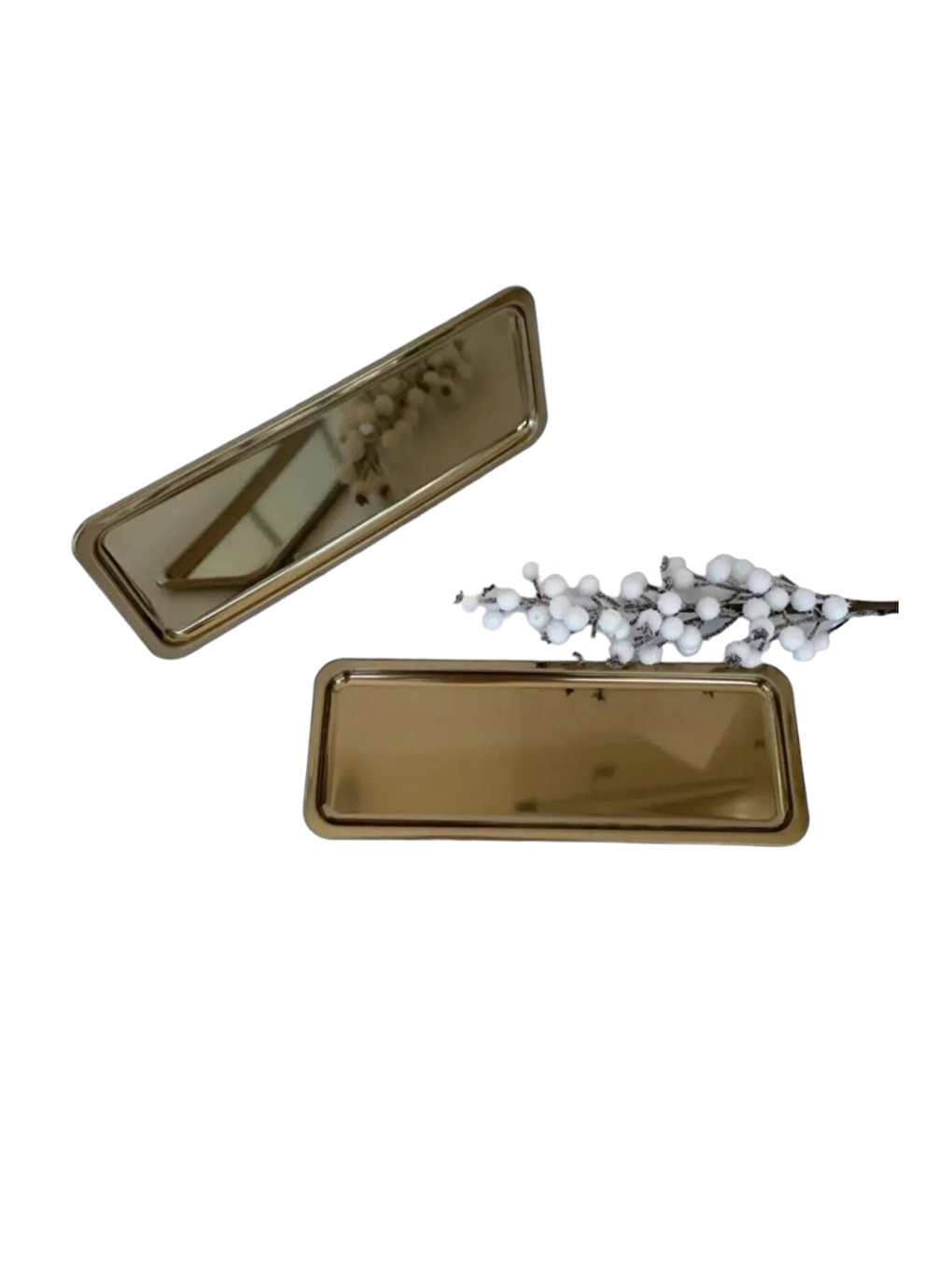 Sarı Paslanmaz Çelik Gold Renk Dikdörtgen Dar Metal Düz Sunum Tepsisi Çay Kahve Tatlı Sunum 6 Adet-3