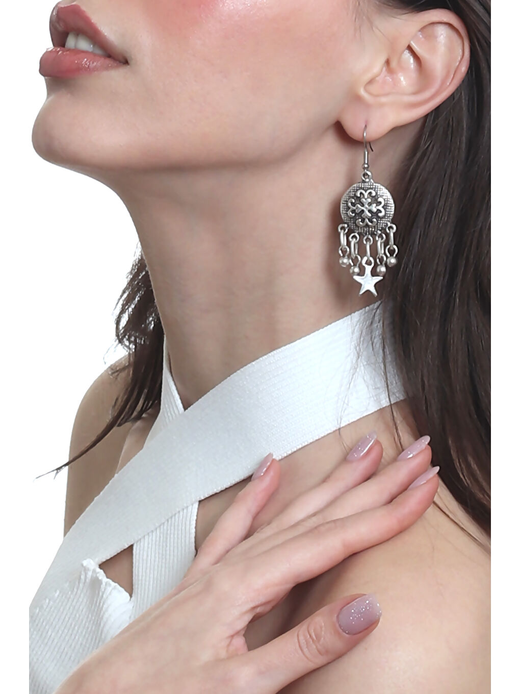 Karışık Kadın Antik Gümüş Kaplama Top Boncuk &Yıldız Charm Detaylı Sallantılı Model Küpe-1