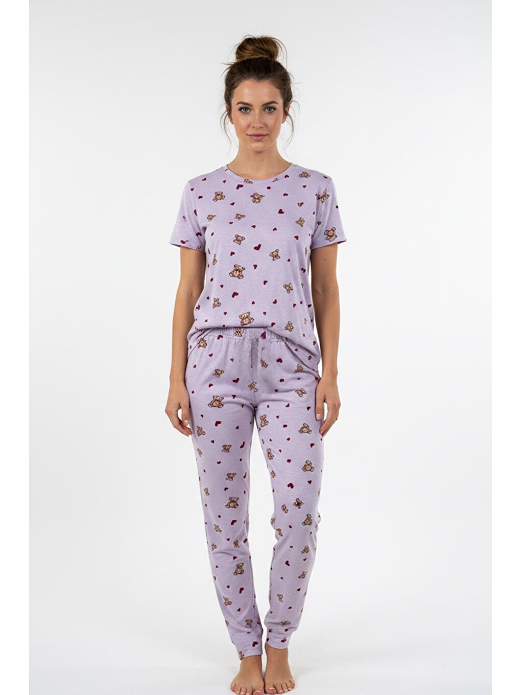 Kadın Bisiklet Yaka Yumuşak Dokulu Ayıcık Desenli Kısa Kol Pijama Takım | Lila 70132-4752