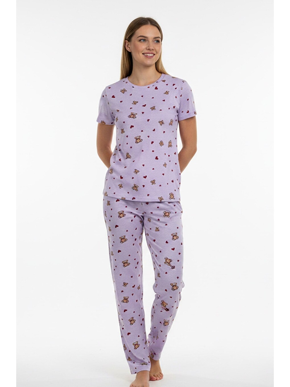 Kadın Bisiklet Yaka Yumuşak Dokulu Ayıcık Desenli Kısa Kol Pijama Takım | Lila 70132-4752-1