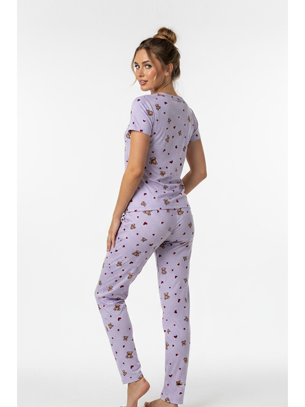 Kadın Bisiklet Yaka Yumuşak Dokulu Ayıcık Desenli Kısa Kol Pijama Takım | Lila 70132-4752-2