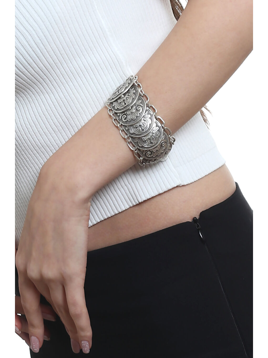 Gri Kadın Antik Gümüş Kaplama Ayarlanabilir Zincir Bağlantılı Bohem Bileklik-1