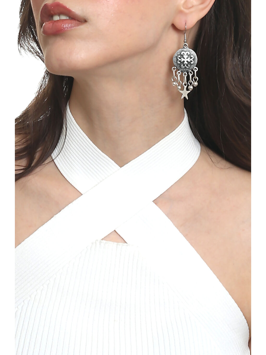 Karışık Kadın Antik Gümüş Kaplama Top Boncuk &Yıldız Charm Detaylı Sallantılı Model Küpe-2