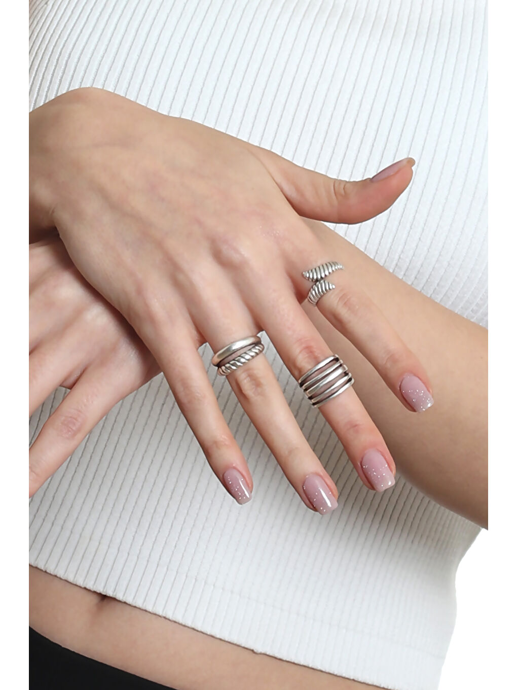 Gri Kadın Antik Gümüş Kaplama Ayarlanabilir 3'lü Vintage Yüzük Seti-1