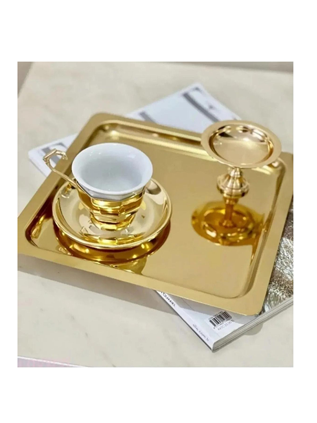 Sarı Paslanmaz Çelik Gold Renk Sunum Tepsisi 21 x21 cm 2 Adet-2