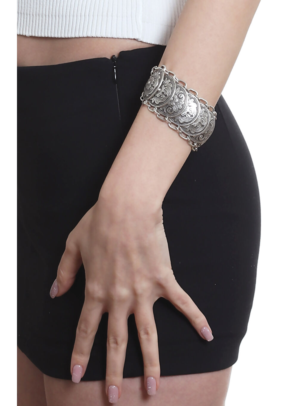 Gri Kadın Antik Gümüş Kaplama Ayarlanabilir Zincir Bağlantılı Bohem Bileklik-2