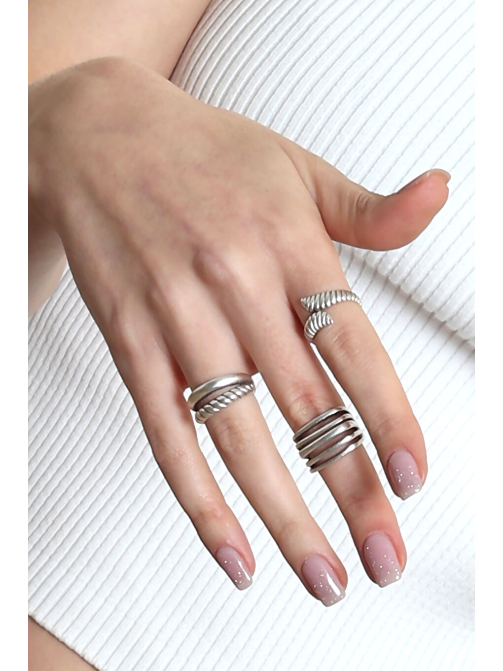 Gri Kadın Antik Gümüş Kaplama Ayarlanabilir 3'lü Vintage Yüzük Seti-2