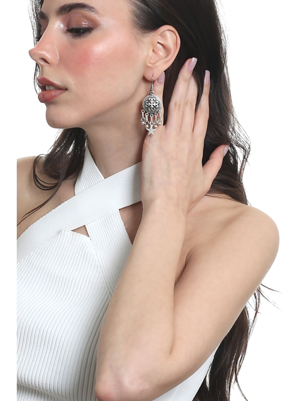 Karışık Kadın Antik Gümüş Kaplama Top Boncuk &Yıldız Charm Detaylı Sallantılı Model Küpe-4