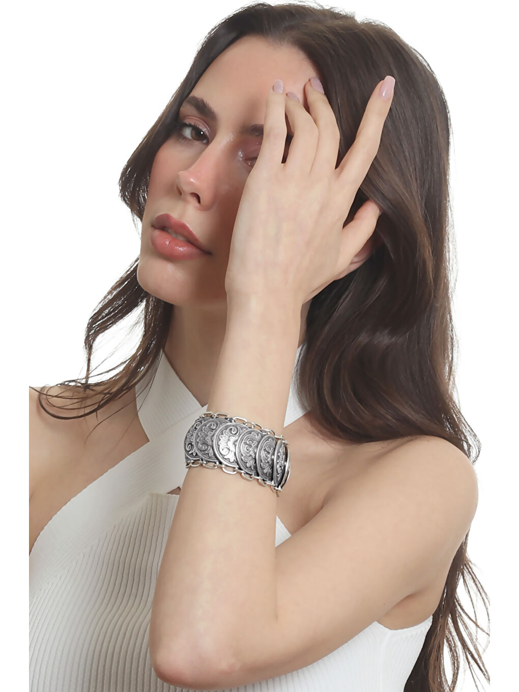 Gri Kadın Antik Gümüş Kaplama Ayarlanabilir Zincir Bağlantılı Bohem Bileklik-3