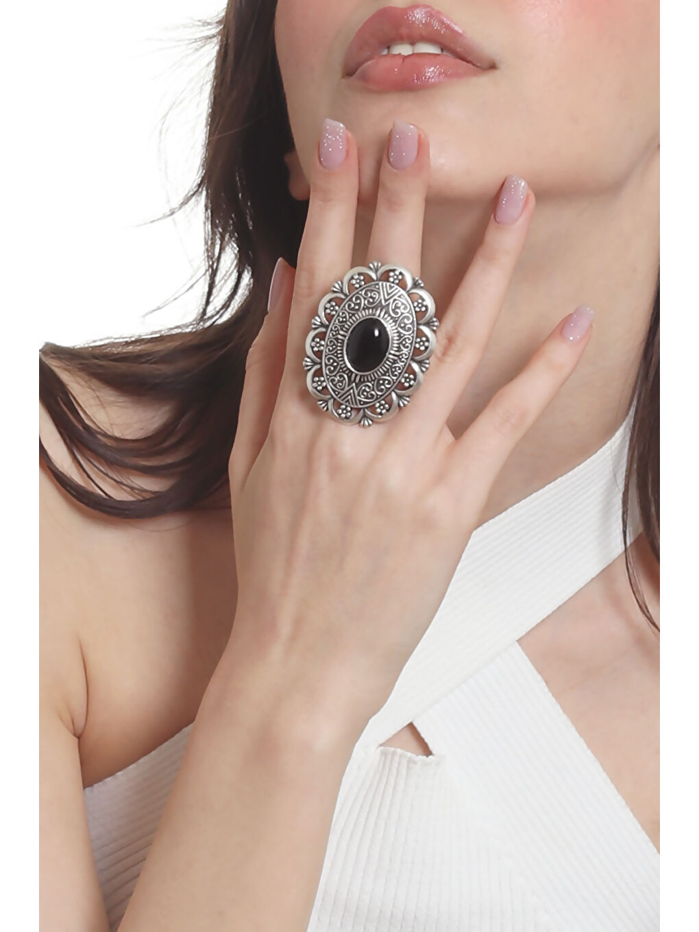 Gri Kadın Antik Gümüş Kaplama Siyah Boncuk Detaylı Çiçek Motifli Yüzük-1