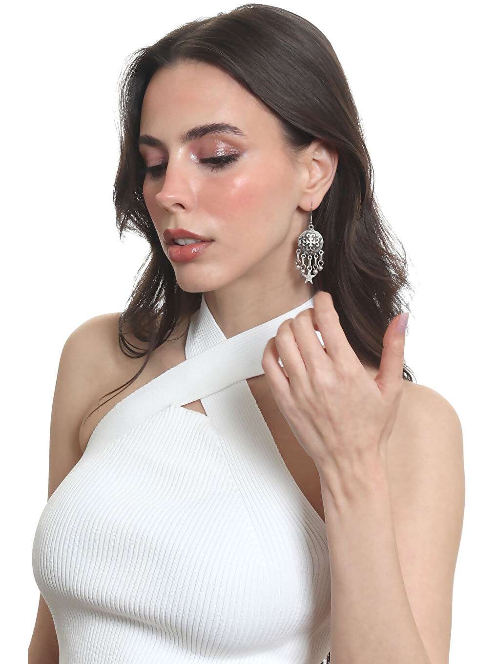 Karışık Kadın Antik Gümüş Kaplama Top Boncuk &Yıldız Charm Detaylı Sallantılı Model Küpe-6